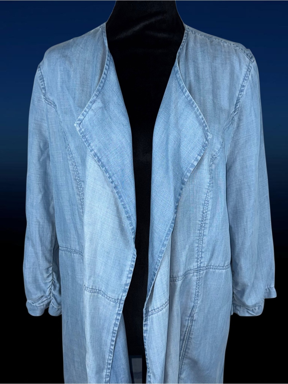 CHICOS Black Label Chambray Blue Duster Open Coat Jacket Western Sz 2 Large - Picture 6 of 13